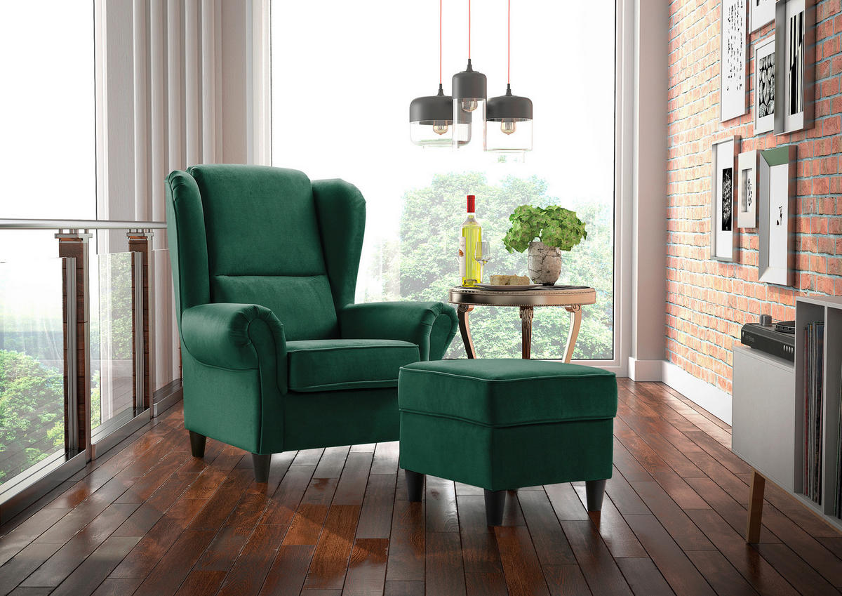 OHRENSESSEL in Plüsch Grün  - Schwarz/Grün, Design, Holz/Textil (94/112/92cm) - MID.YOU