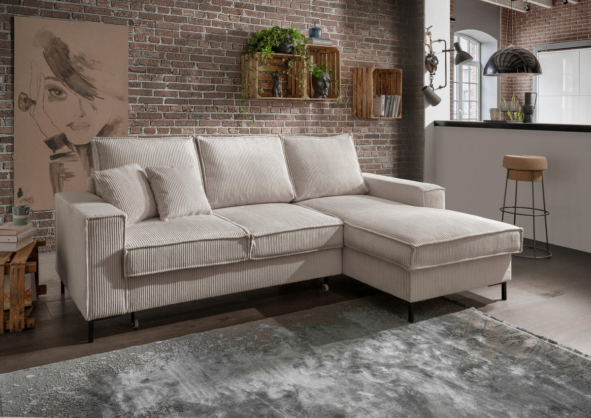 ECKSOFA Beige Cord  - Beige/Schwarz, MODERN, Textil/Metall (240/150cm) - Livetastic
