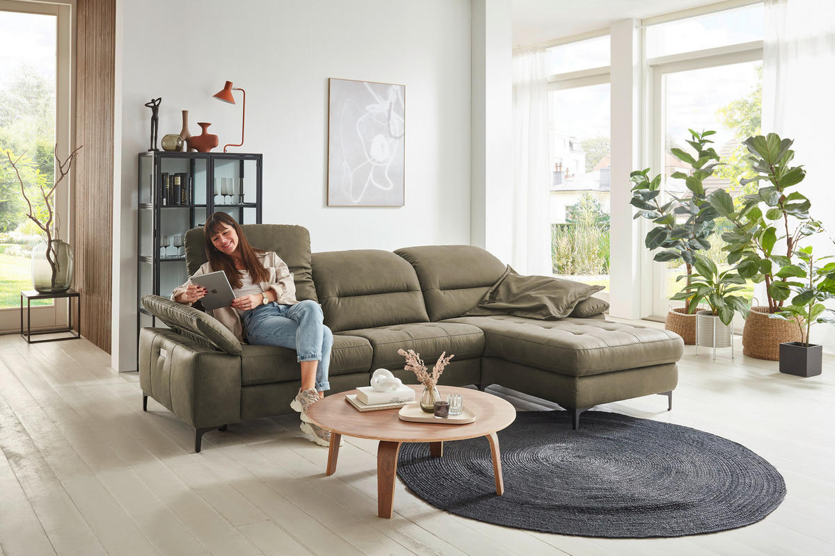 ECKSOFA in Mikrofaser Olivgrün  - Chromfarben/Olivgrün, Design, Textil/Metall (280/184cm) - Pure Home Comfort
