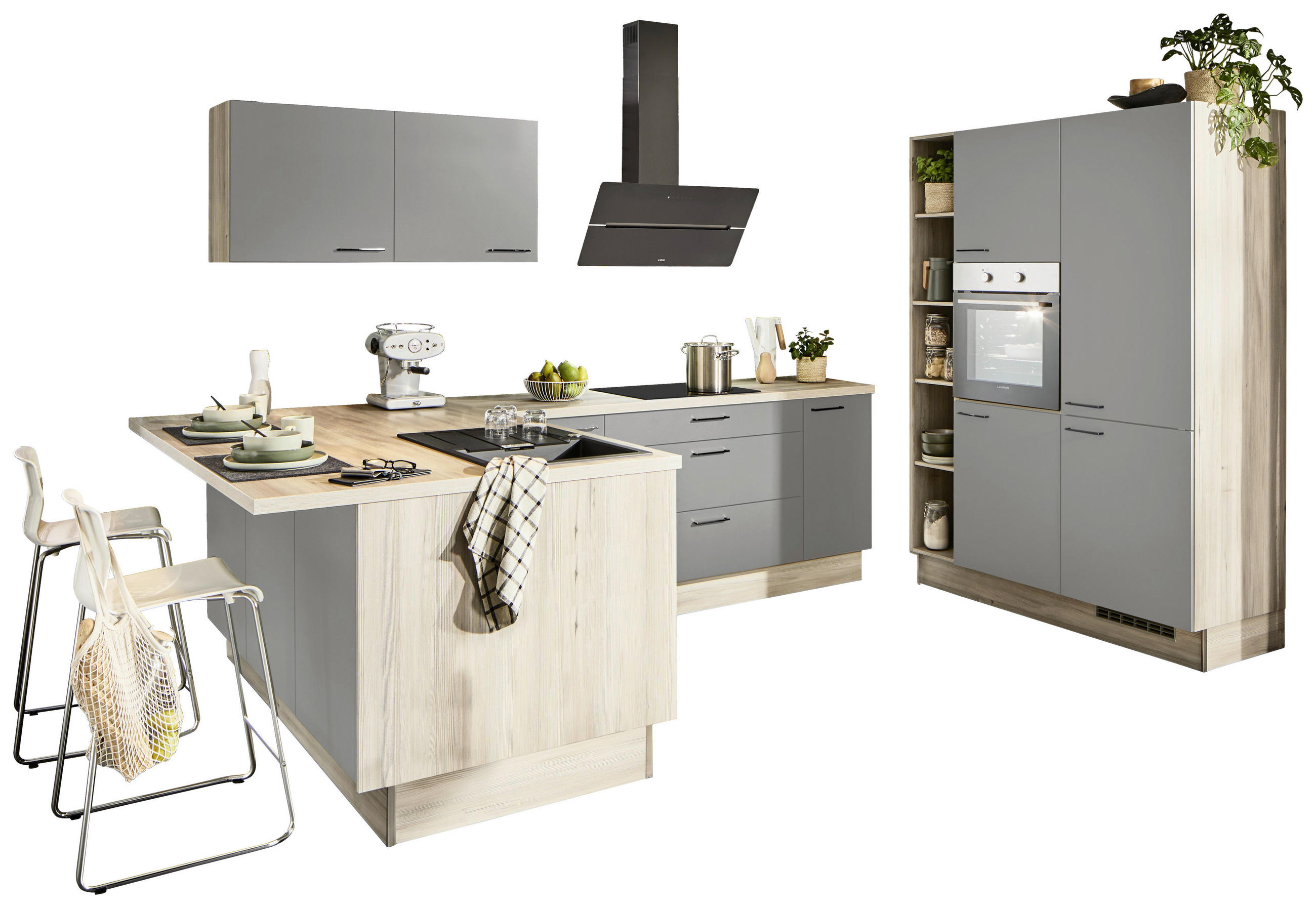 ECKKÜCHE XO 10  in Grau, Tannenholzfarben  - Tannenholzfarben/Schwarz, Design, Holzwerkstoff/Metall (121,6/280/150cm) - Xora