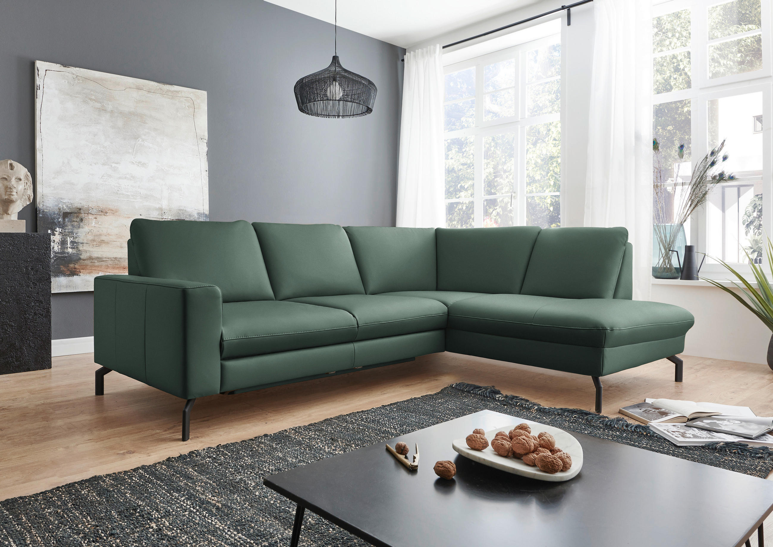 ECKSOFA in Echtleder Opal  - Opal/Schwarz, Design, Leder/Metall (250/194cm) - Beldomo Premium