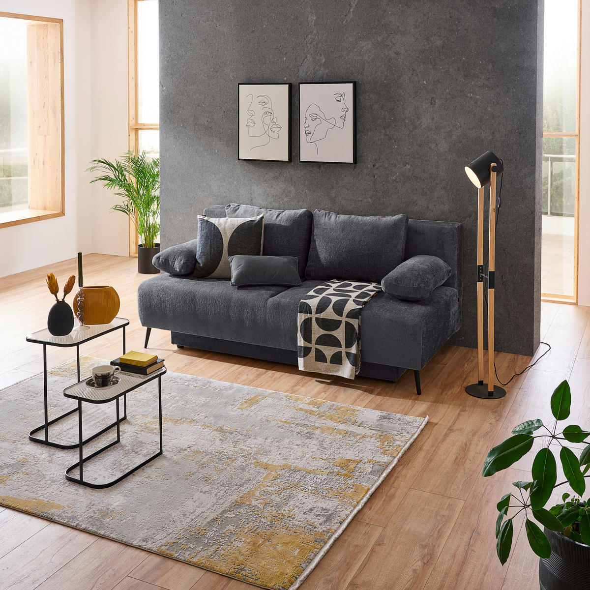 SCHLAFSOFA Webstoff Dunkelgrau  - Dunkelgrau/Schwarz, MODERN, Textil/Metall (200/90/100cm) - Ti'me