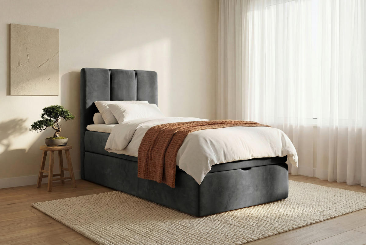 BOXBETT 80/200 cm,  in Anthrazit, Matratze, gepolstertes Kopfteil, Bettkasten, Topper, H3 = fest  - Anthrazit/Schwarz, Design, Holzwerkstoff/Kunststoff (80/200cm) - Esposa