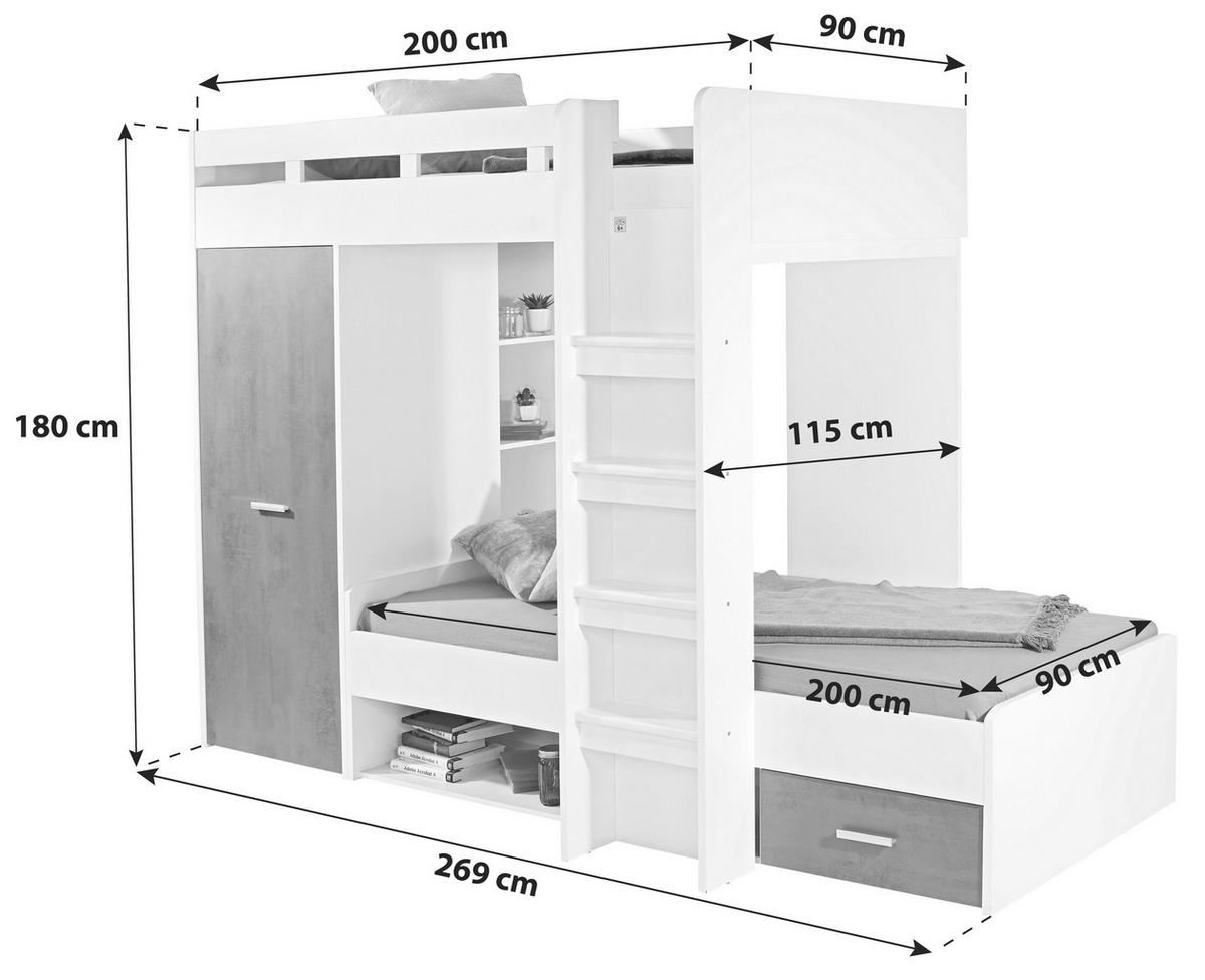 ETAGENBETT - Dunkelgrau/Weiß, KONVENTIONELL, Holzwerkstoff (90/200cm) - MID.YOU