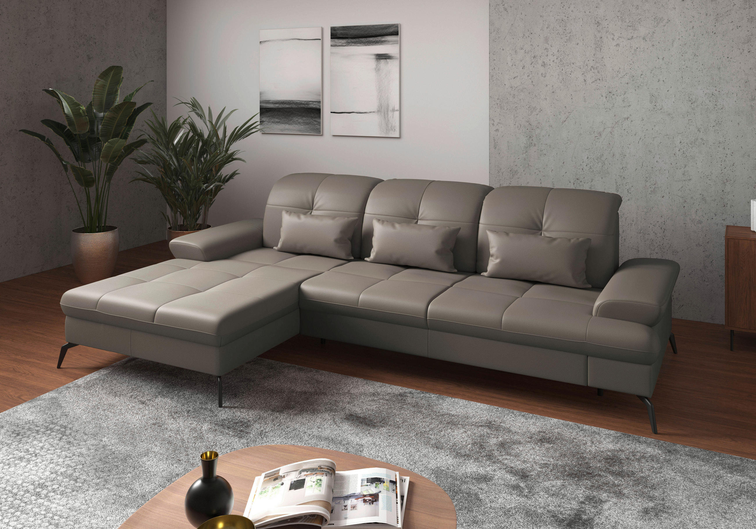 ECKSOFA Grau Kombination Echtleder/Stoff Vliesstoff Bettkasten, Armteilverstellung, Kopfteilverstellung, Sitztiefenverstellung  - Schwarz/Grau, KONVENTIONELL, Leder/Textil (185/279cm) - Sit & More