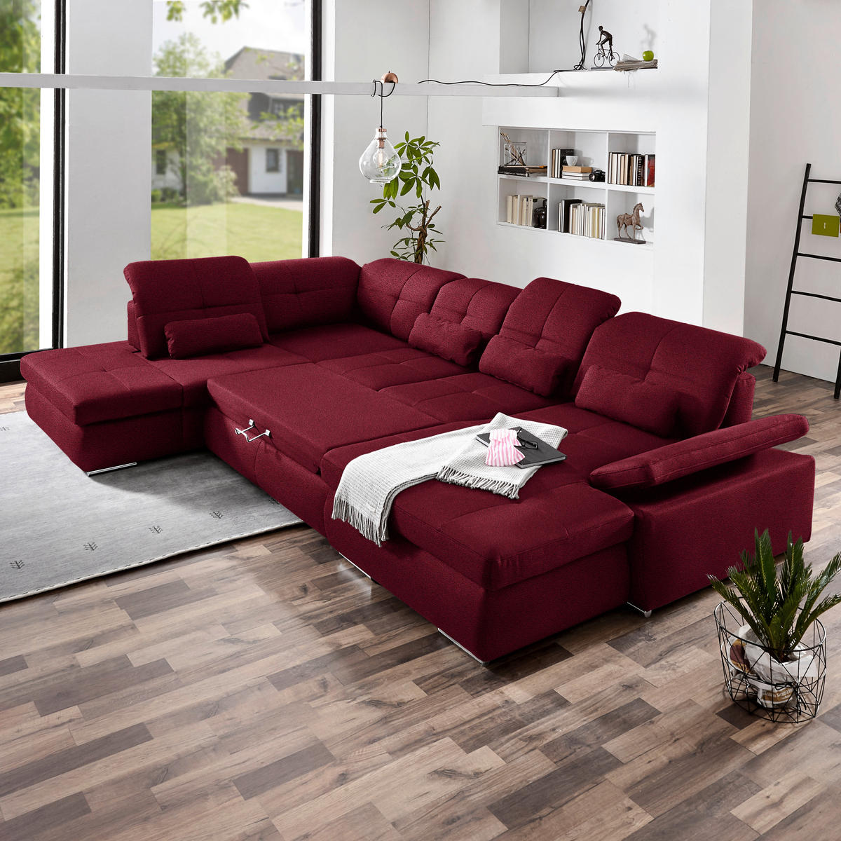 WOHNLANDSCHAFT  in Mikrofaser Weinrot  - Chromfarben/Weinrot, Design, Holzwerkstoff/Textil (260/371/195cm) - Beldomo Style