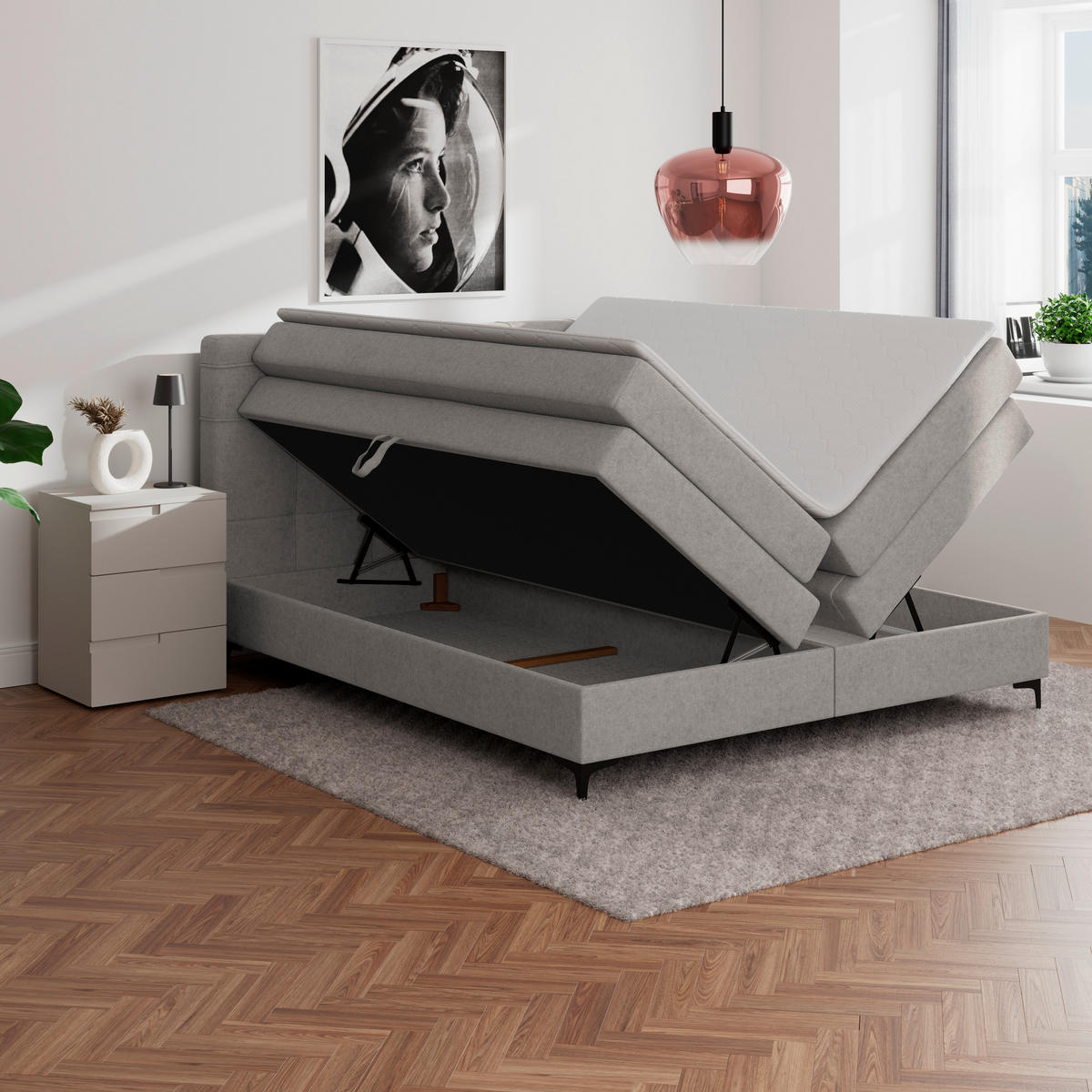 BOXSPRINGBETT 200/200 cm,  in Lavagrau, H3 = fest  - Lavagrau/Schwarz, KONVENTIONELL, Kunststoff/Textil (200/200cm)