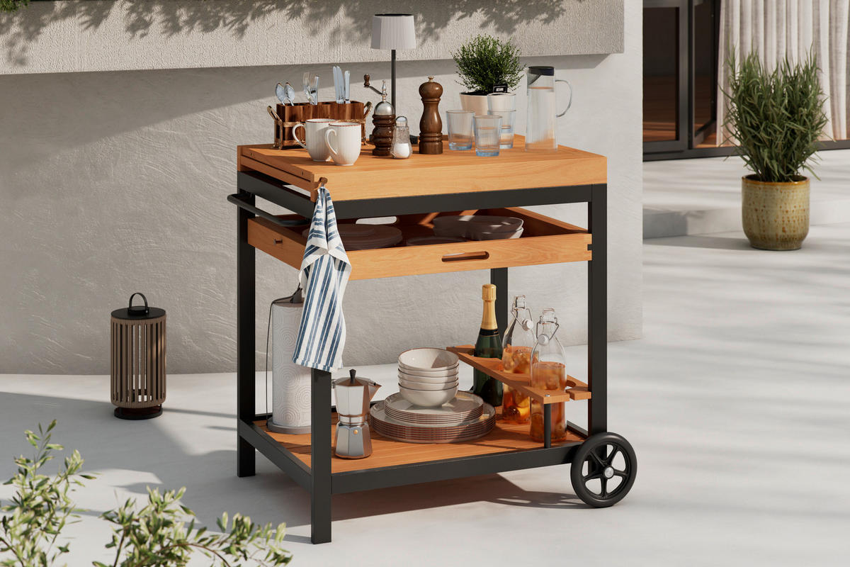 GARTEN-SERVIERWAGEN  - Schwarz/Teakfarben, MODERN, Holz/Metall (73/80/50cm) - Ambia Garden