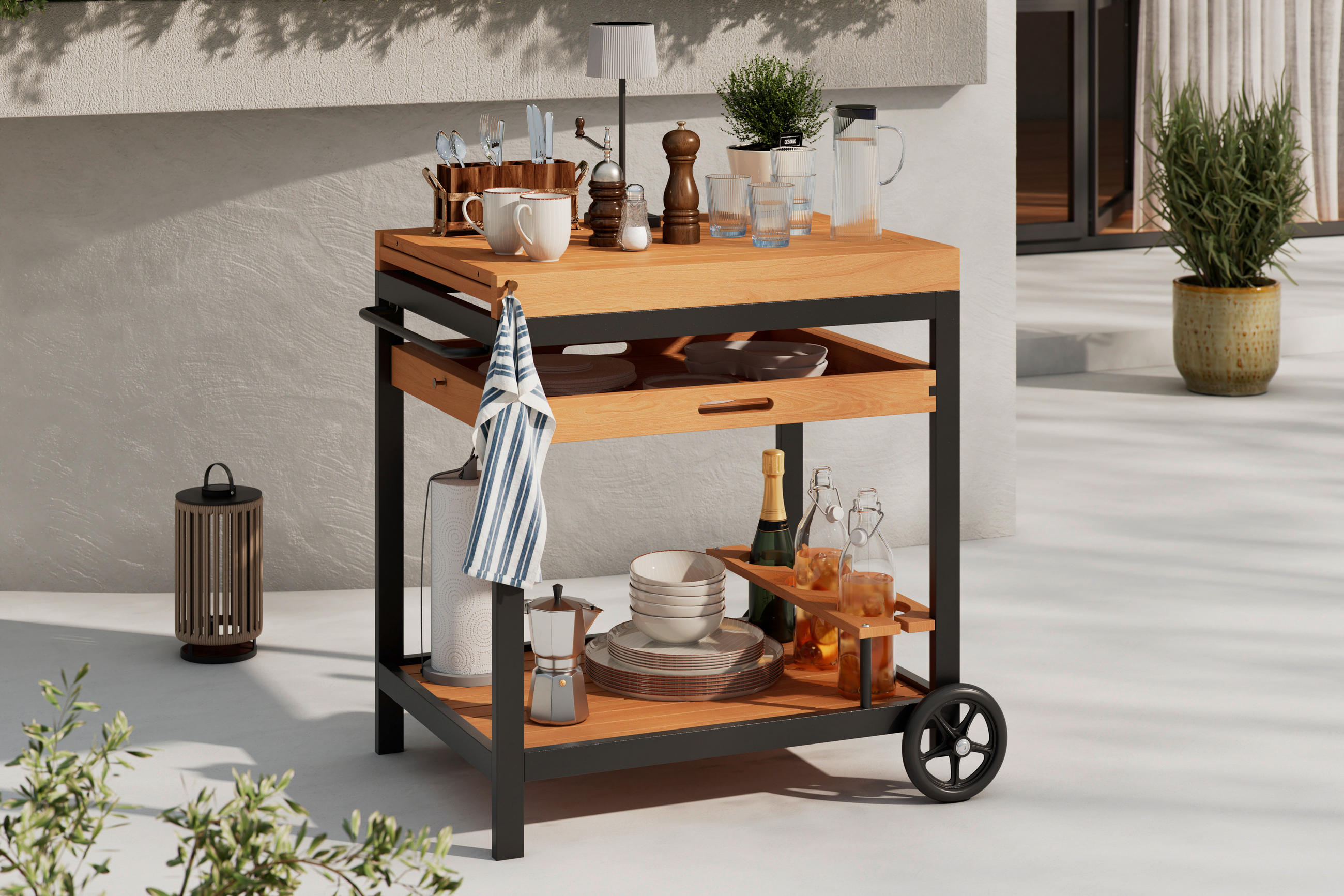 Ambia Garden Garten-Servierwagen Schwarz, Teak 73x80x50 cm
