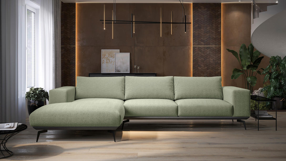 ECKSOFA in Chenille Mintgrün  - Beige/Schwarz, Design, Holz/Textil (180/330cm) - MID.YOU