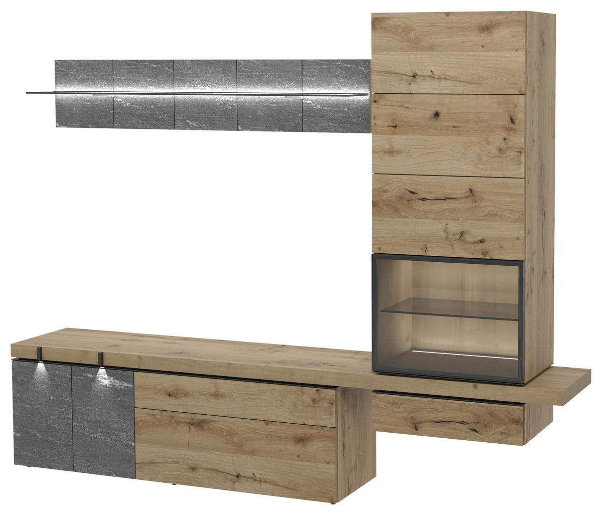 WOHNWAND  in Graphitfarben, Eichefarben  256/203/43 cm  - Eichefarben/Graphitfarben, Design, Glas/Holz (256/203/43cm) - Voglauer