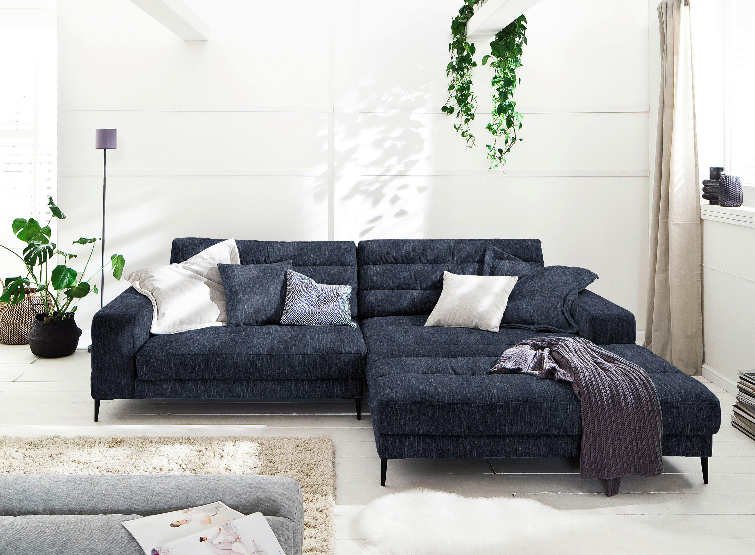 SEDEŽNA GARNITURA, gladka tkanina temno modra  - črna/temno modra, Design, kovina/tekstil (296/207cm) - Pure Home Lifestyle