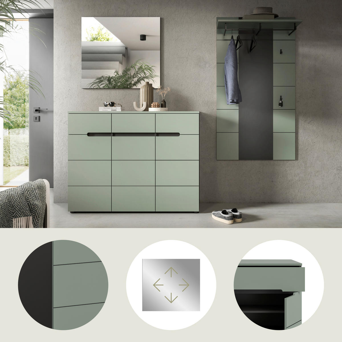 ŠATNA, 215/190/37 cm - šedá/šedozelená, Design, kompozitní dřevo (215/190/37cm) - Livetastic