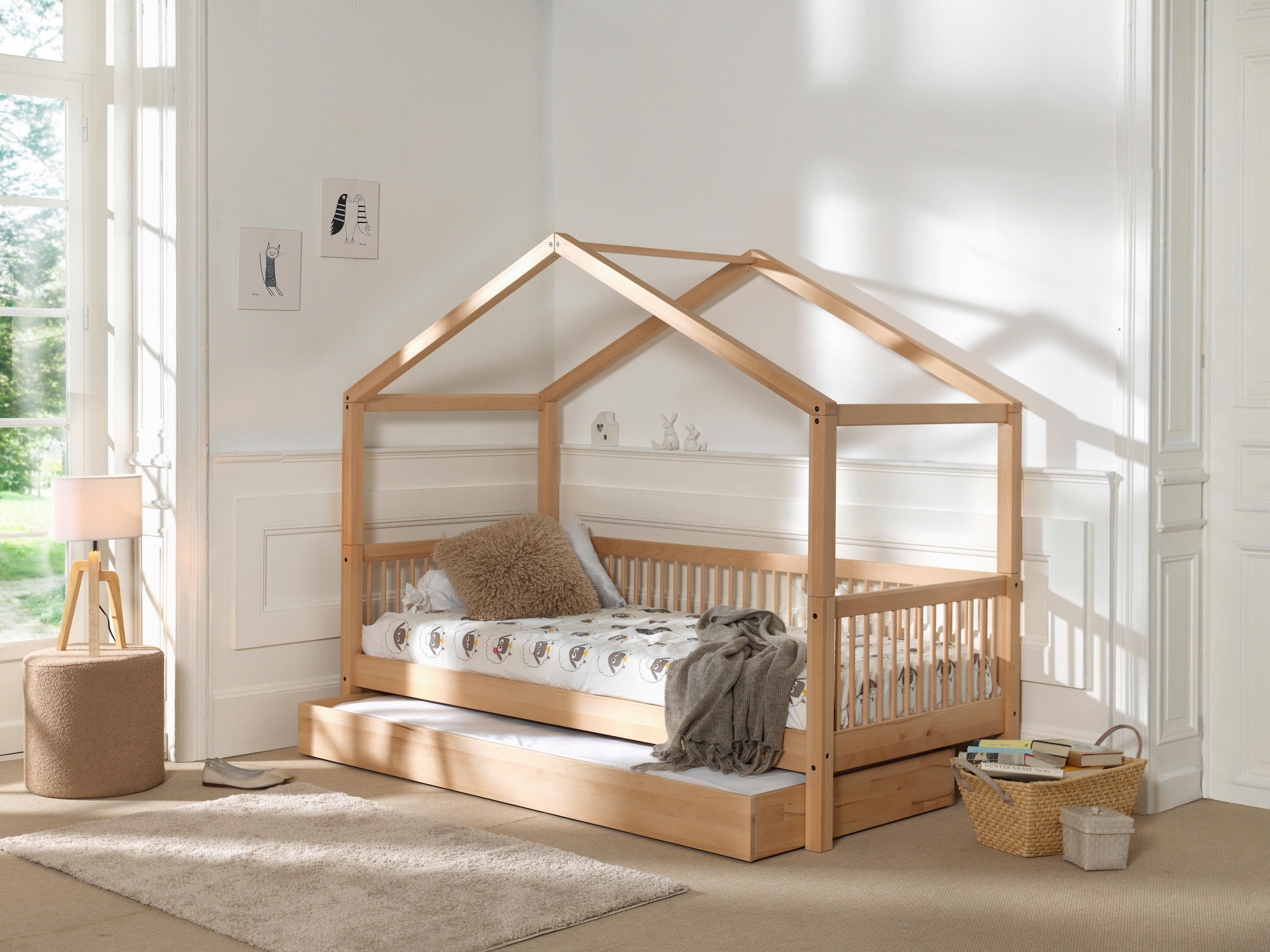 HAUSBETT 90/200 cm,  in Buchefarben, Rollrost, Bettschublade  - Buchefarben/Naturfarben, MODERN, Holz (90/200cm) - Vipack