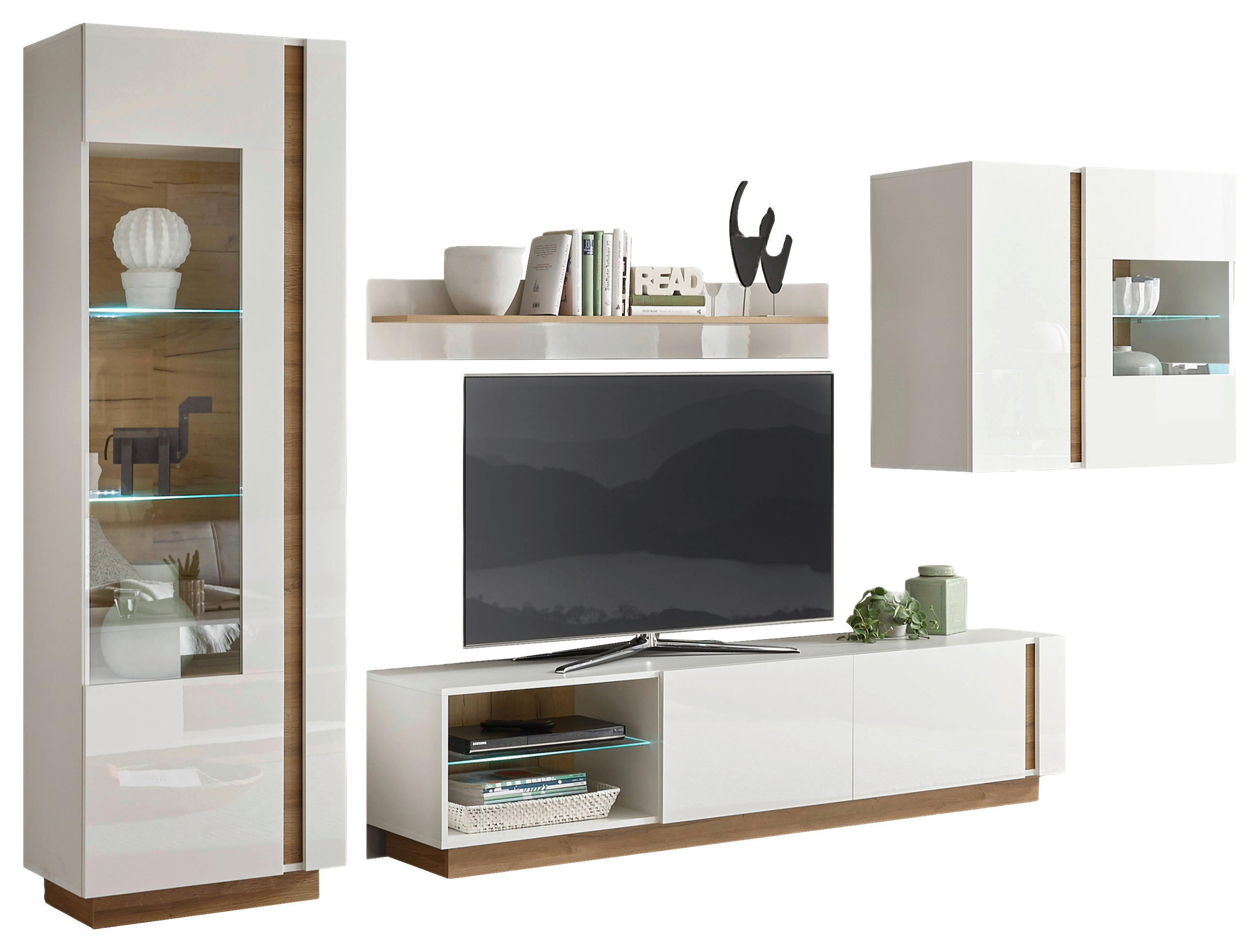 WOHNWAND 4-teilig  in Weiß, Eichefarben  315/194/40 cm  - Eichefarben/Weiß, Design, Glas/Holzwerkstoff (315/194/40cm) - MID.YOU