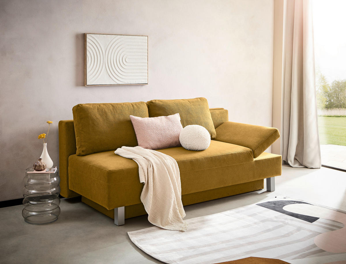 SCHLAFSOFA  mit Stoffauswahl, Schlafen auf Sitzhöhe, Armteil rechts Flachgewebe Senfgelb  - Chromfarben/Senfgelb, Design, Holz/Textil (205/77-93/99cm) - Novel