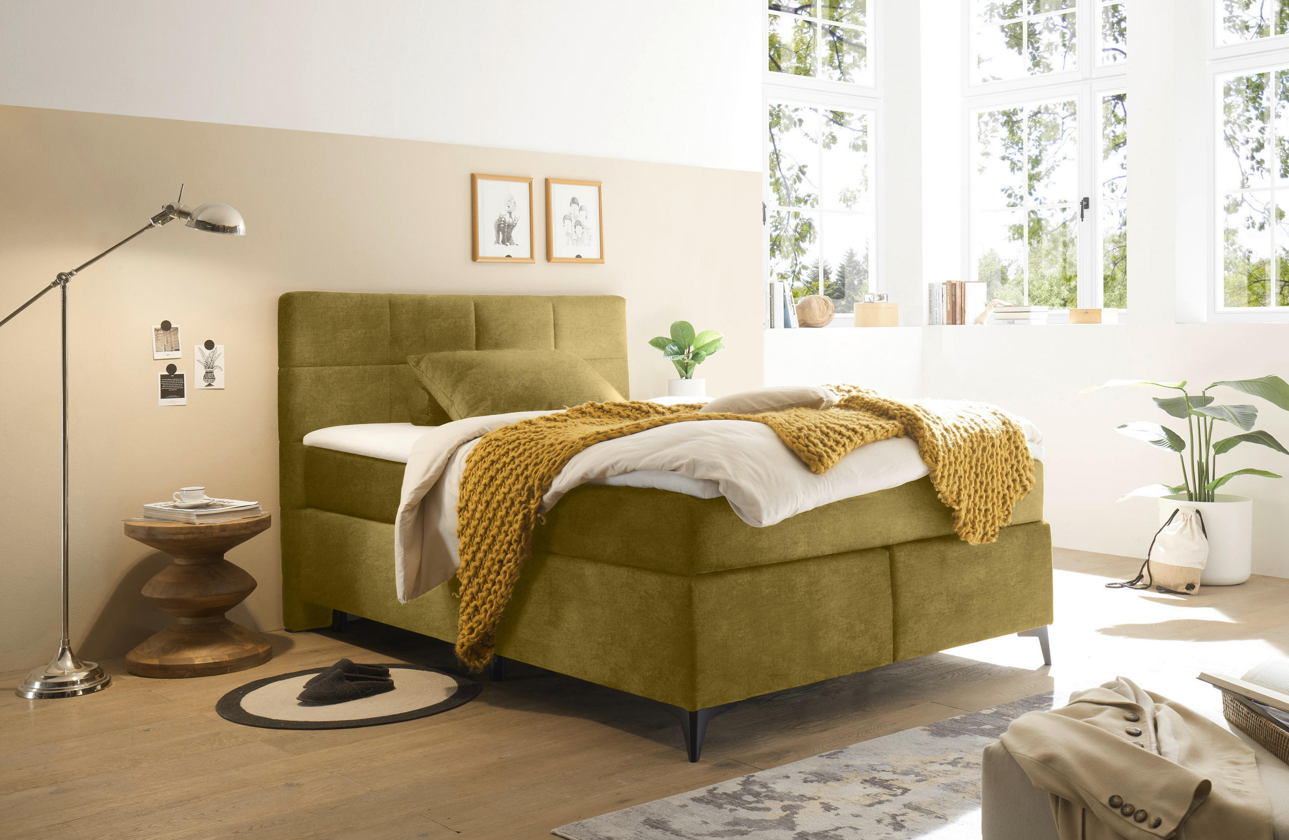 BOXSPRINGBETT 140/200 cm  in Olivgrün  - Schwarz/Olivgrün, Design, Holzwerkstoff/Kunststoff (140/200cm) - Xora