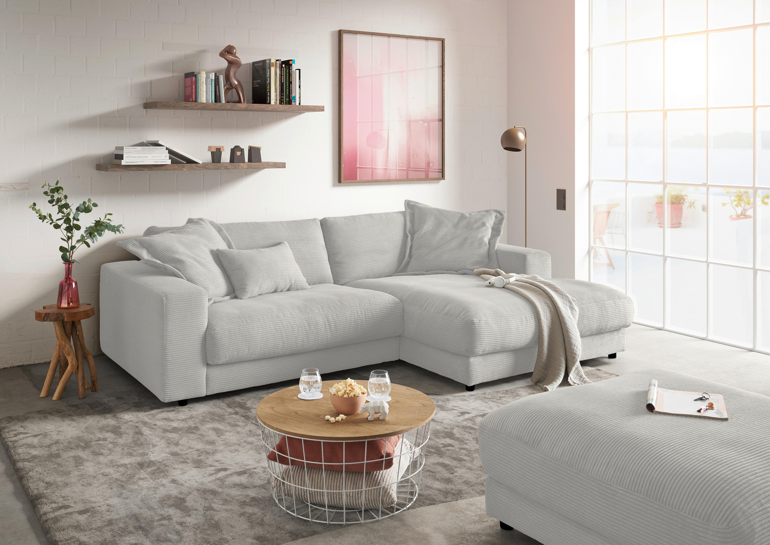 ECKSOFA in Cord Greige  - Greige/Schwarz, Design, Kunststoff/Textil (270/190cm) - Lomoco