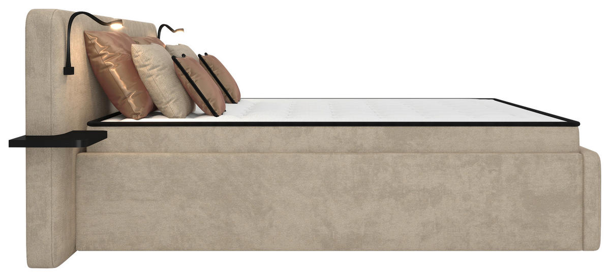 POLSTERBETT 180/200 cm,  in Beige, gepolstertes Kopfteil, Beleuchtung, Lattenrost, H2 + H3 = mittel + fest  - Beige/Schwarz, MODERN, Kunststoff/Textil (180/200cm) - Chameo