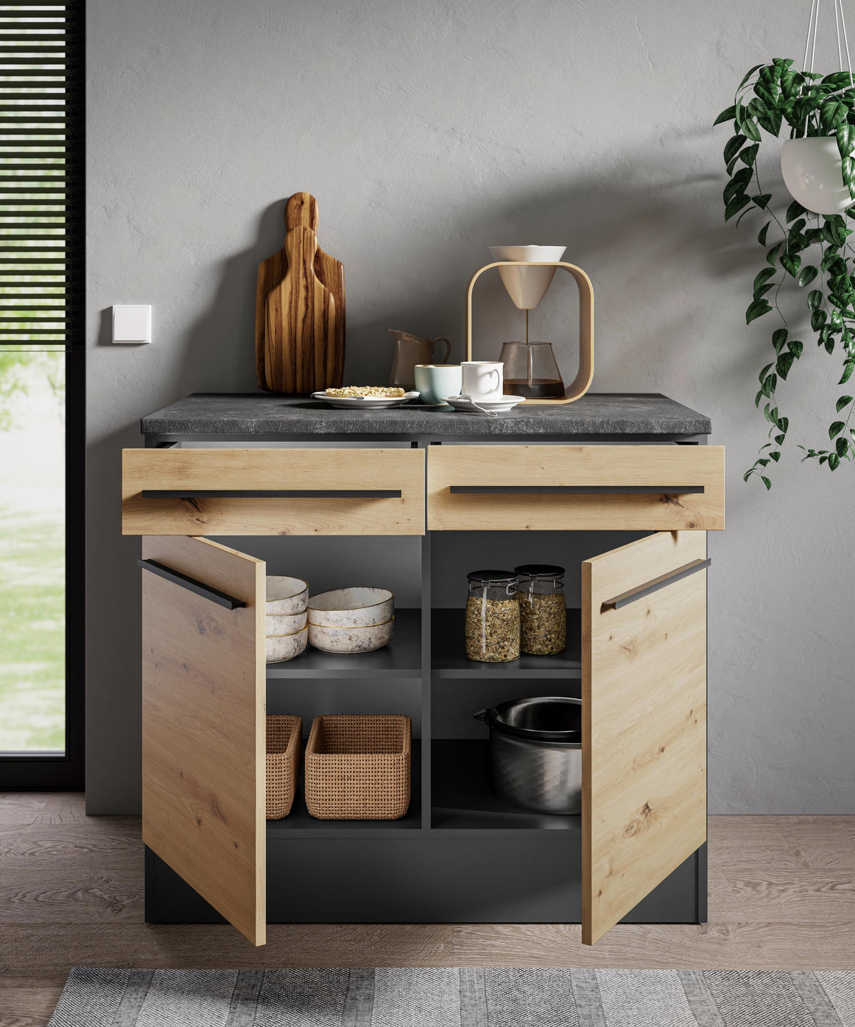 KÜCHENUNTERSCHRANK 100/90/60 cm  in Anthrazit, Eiche Artisan  - Anthrazit/Schwarz, Design, Holzwerkstoff (100/90/60cm) - P & B
