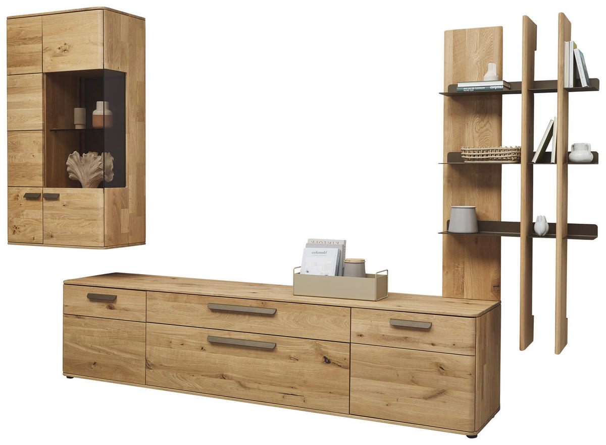 WOHNWAND  in Bronzefarben, Wildeiche  340,1/214/45,2 cm  - Wildeiche/Schwarz, Natur, Glas/Holz (340,1/214/45,2cm) - Valnatura