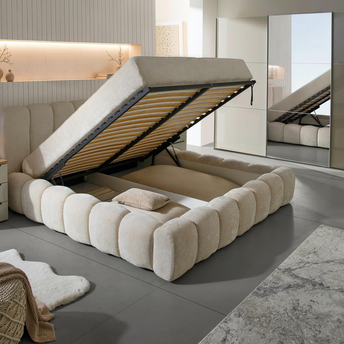 POLSTERBETT Lattenrost, Bettkasten 180/200 cm  in Creme  - Birkefarben/Creme, Trend, Holz/Kunststoff (180/200cm) - Esposa