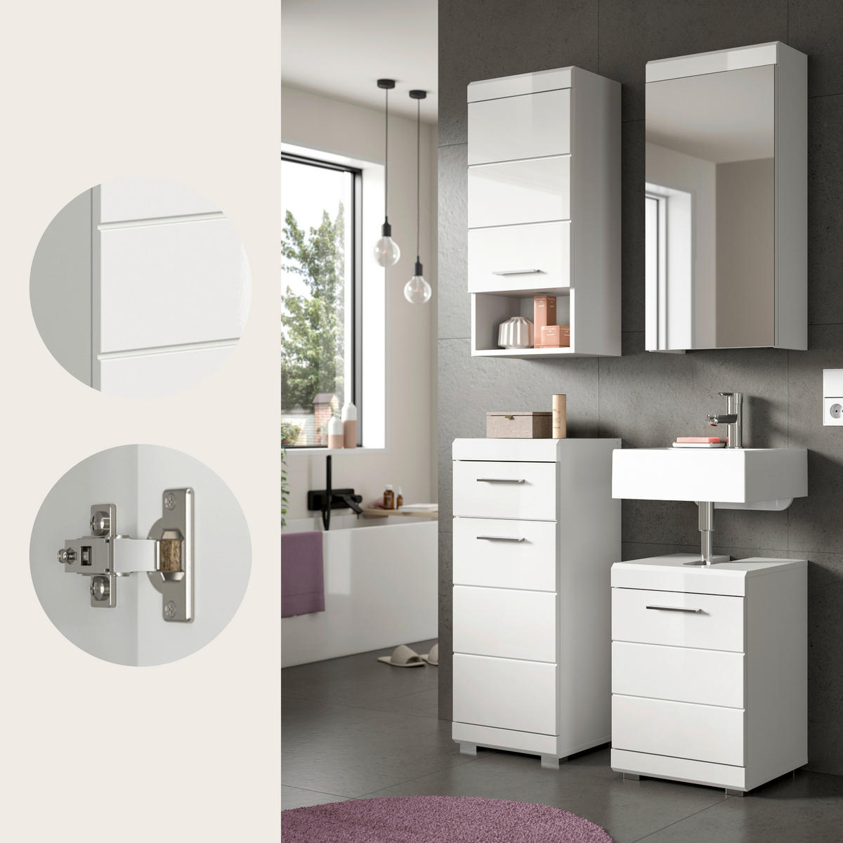 BADEZIMMER 4-teilig  in 92 cm  - Weiß Hochglanz/Silberfarben, Trend, Glas/Holzwerkstoff (92cm) - MID.YOU