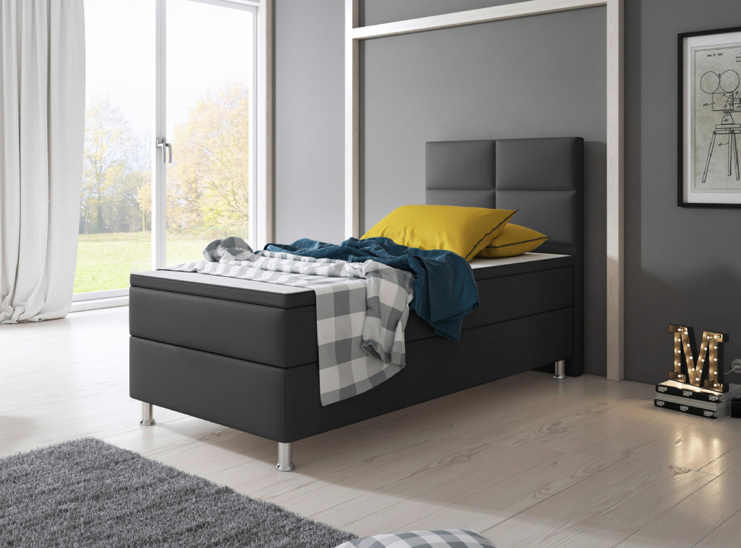 BOXSPRINGBETT  in Anthrazit  - Anthrazit/Silberfarben, KONVENTIONELL, Leder/Textil (90/115/210cm) - MID.YOU
