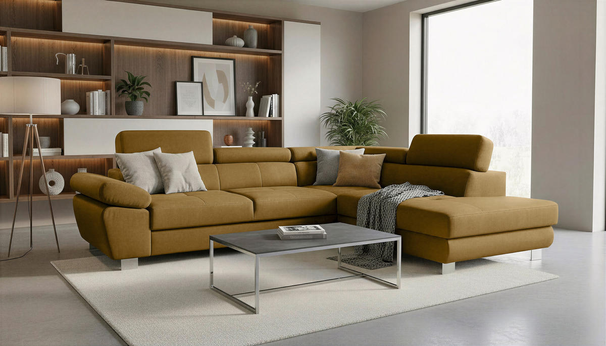 ECKSOFA Senfgelb Webstoff Bettkasten, Schlaffunktion, Rücken echt, Armteilverstellung, Kopfteilverstellung  - Chromfarben/Senfgelb, MODERN, Textil/Metall (278/205cm) - Stylife