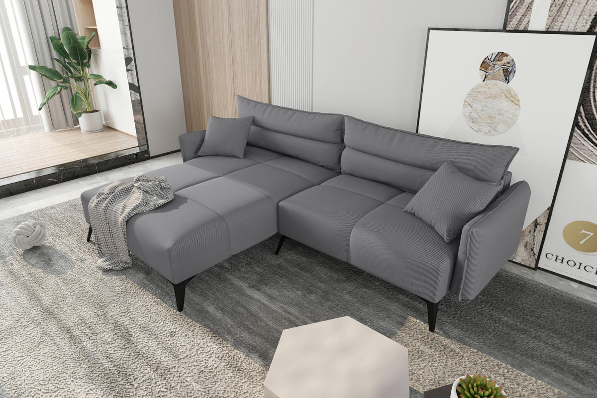 ECKSOFA in Cord Grau  180/253 cm  - Schwarz/Grau, KONVENTIONELL, Textil/Metall (180/253cm) - Carryhome