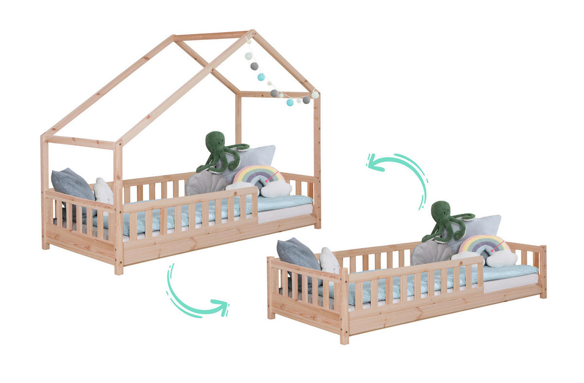 HAUSBETT Absturzsicherung, Matratze, Rollrost, Bettkasten 90/200 cm  - Weiß/Naturfarben, MODERN, Holz/Textil (90/200cm) - MID.YOU