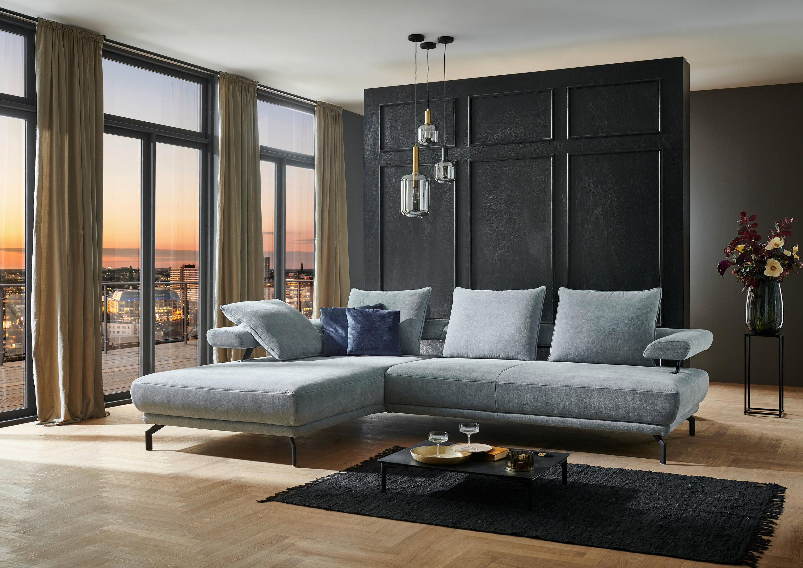 ECKSOFA in Chenille Hellblau  - Schwarz/Hellblau, Design, Textil/Metall (224/305cm) - Dieter Knoll