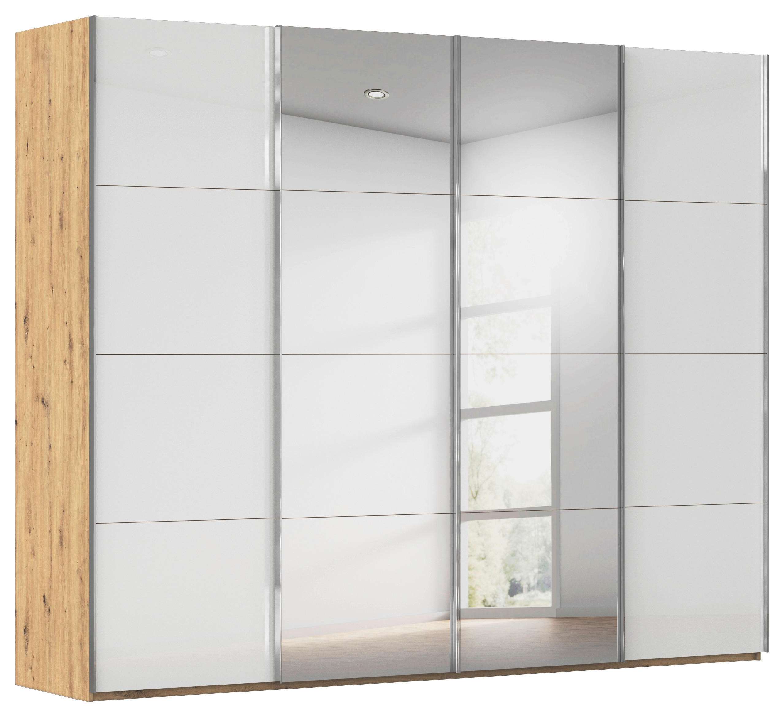 SCHWEBETÜRENSCHRANK Weiss, Eiche Artisan  - Chromfarben/Weiss, Design, Glas/Holzwerkstoff (271/235/68cm) - Novel