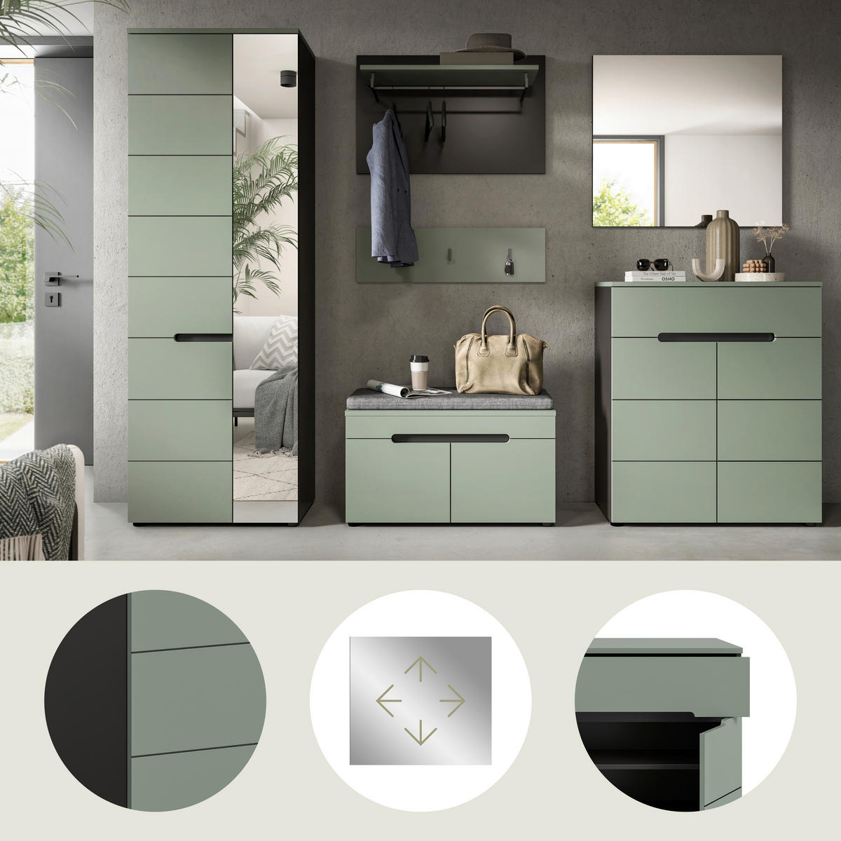 ŠATNA, 255/190/37 cm - šedá/šedozelená, Design, kompozitní dřevo (255/190/37cm) - Livetastic