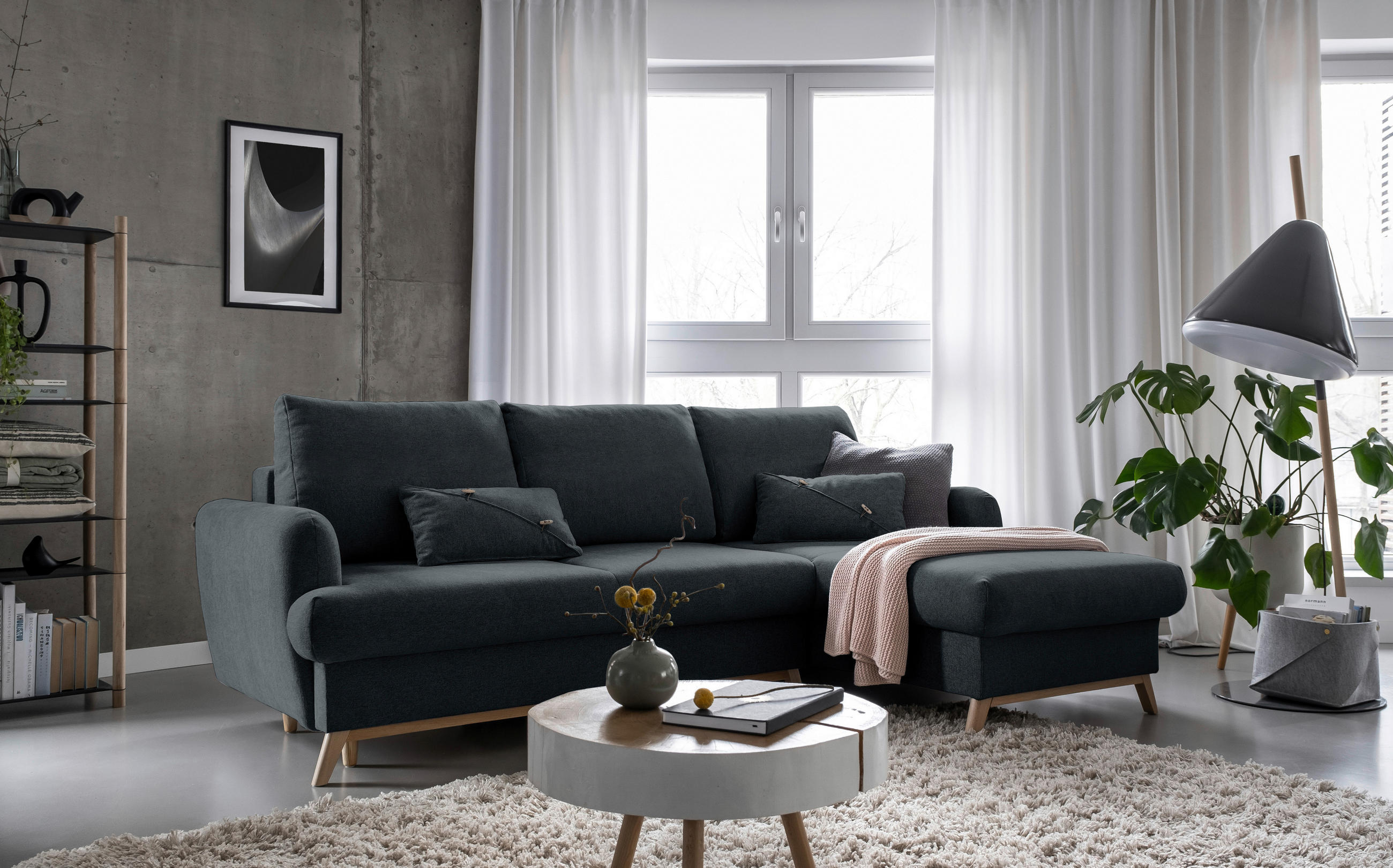 ECKSOFA in Chenille Dunkelgrau  - Dunkelgrau/Naturfarben, Holz/Textil (235/157cm) - MID.YOU