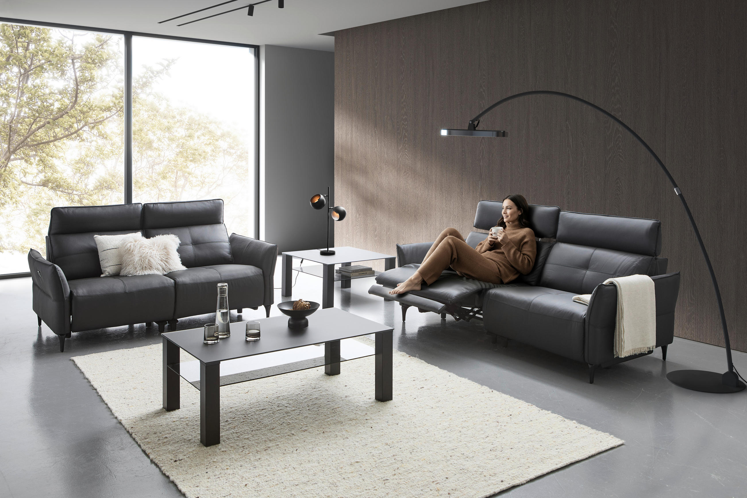 2,5-SITZER Schwarz Echtleder  - Schwarz, Design, Leder/Metall (220/98/101cm) - Novel