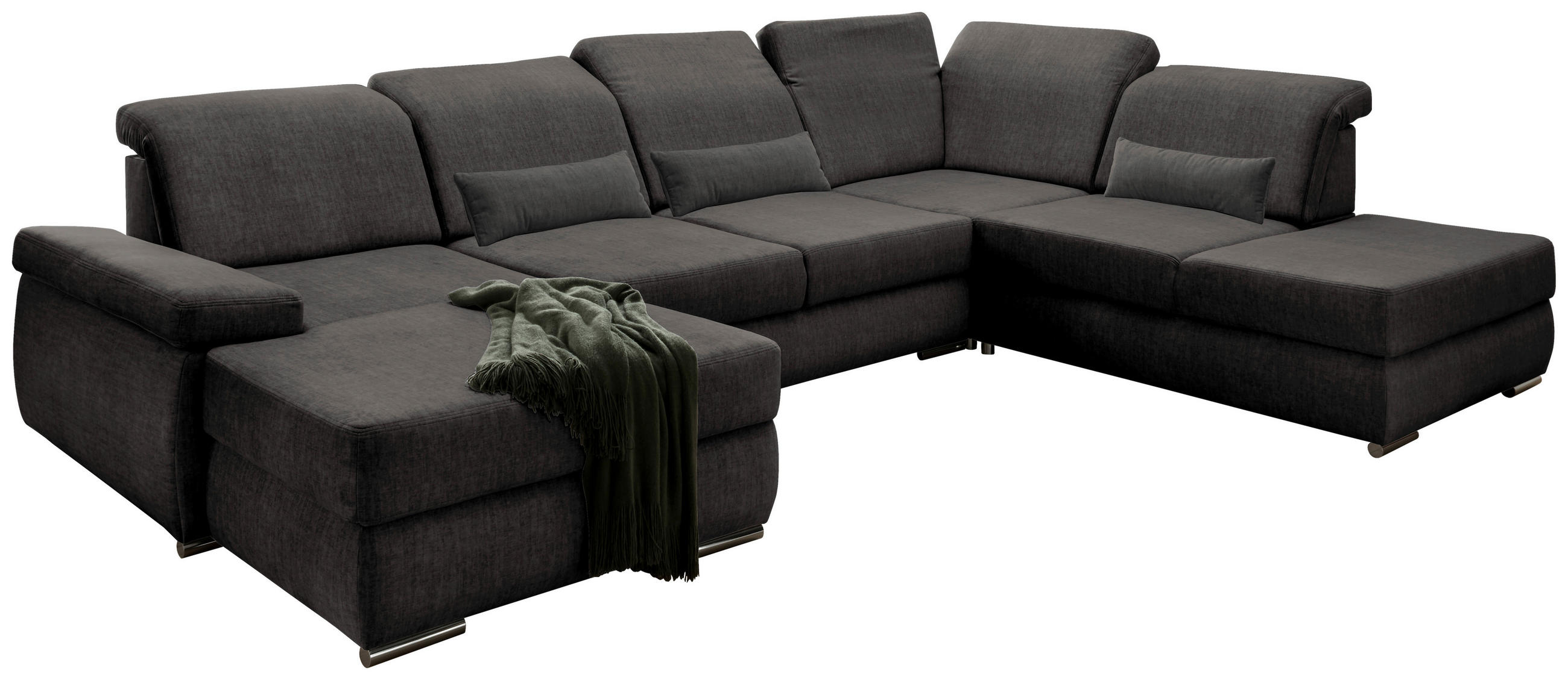 Wohnlandschaft mit Schlaffkt Anthrazit Velours  - Chromfarben/Dunkelgrau, MODERN, Holz/Textil (186/375/250cm) - Livetastic