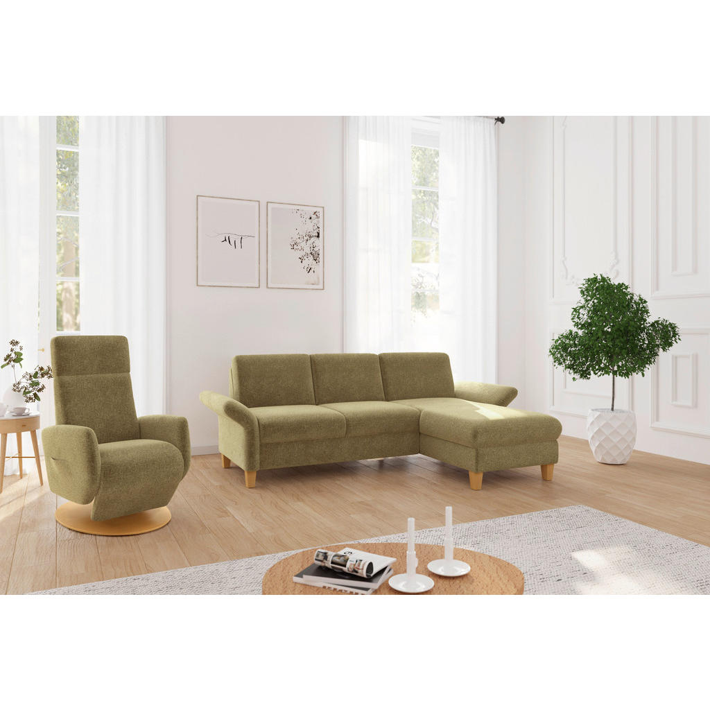 Thumbnail - Sit & More Ecksofa Rochelle E, Olivgrün, Textil, Buche, massiv, 4,5-Sitzer, Ottomane rechts, L-Form, 251x164 cm, Goldene...
