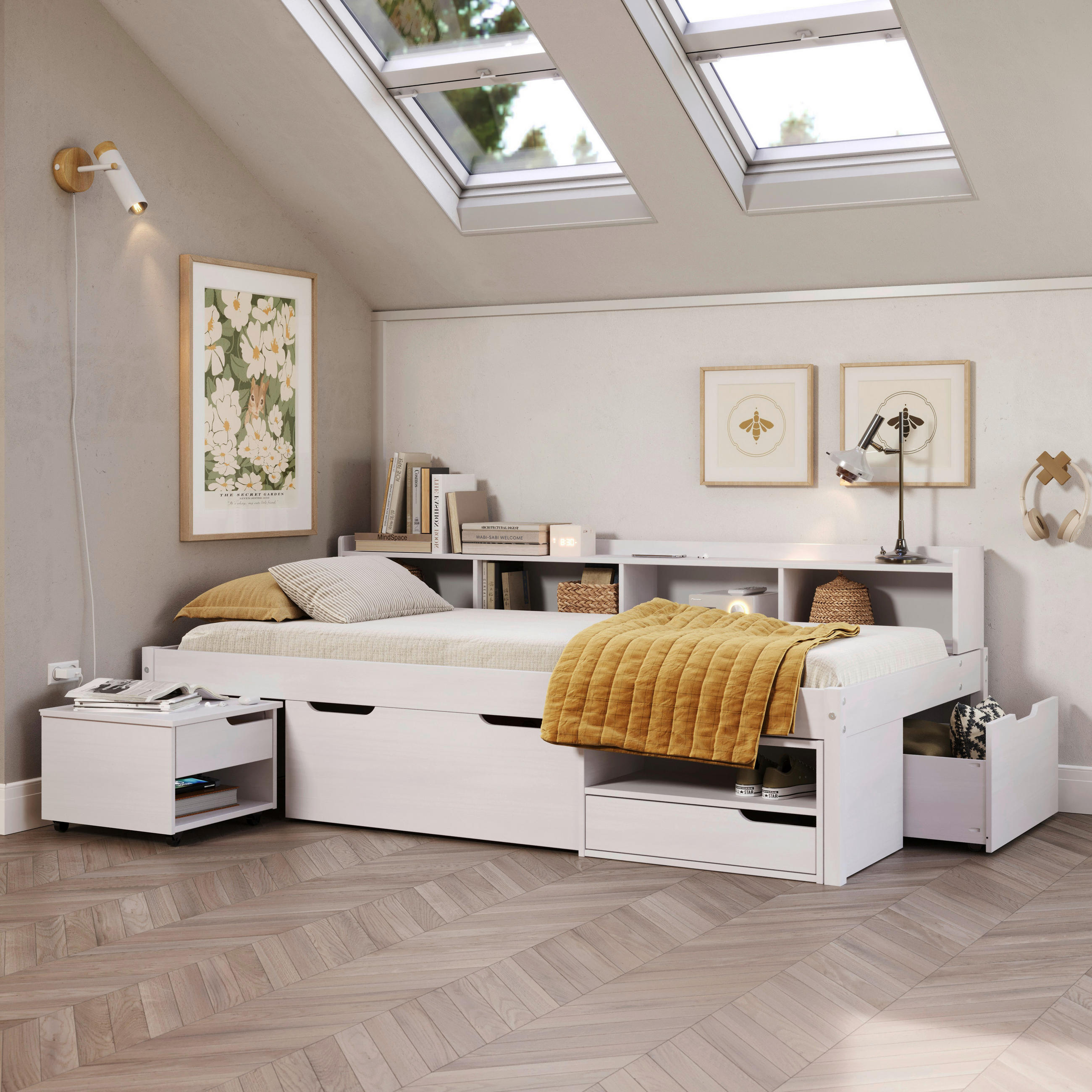 STAURAUMBETT 90/200 cm  in Weiß  - Naturfarben/Weiß, MODERN, Holz/Holzwerkstoff (90/200cm) - MID.YOU