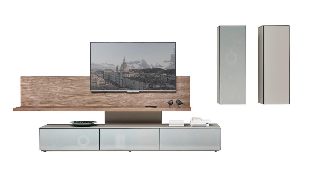 WOHNWAND  in Taupe, Nussbaumfarben 415/190/45 cm  - Taupe/Nussbaumfarben, Design, Glas/Holz (415/190/45cm) - Ambiente