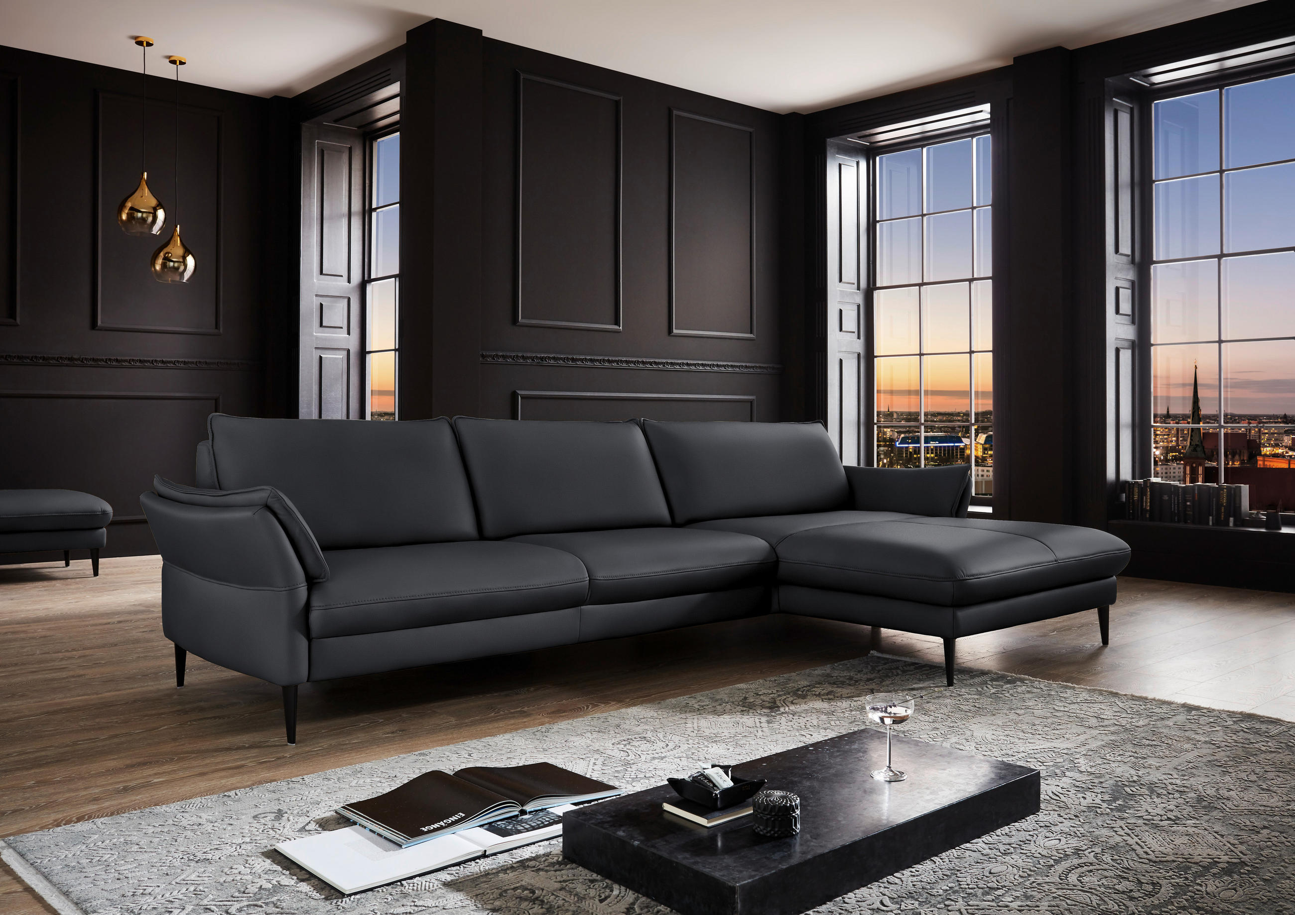 ECKSOFA in Echtleder Anthrazit  - Anthrazit/Schwarz, Design, Leder/Metall (334/172cm) - Hukla