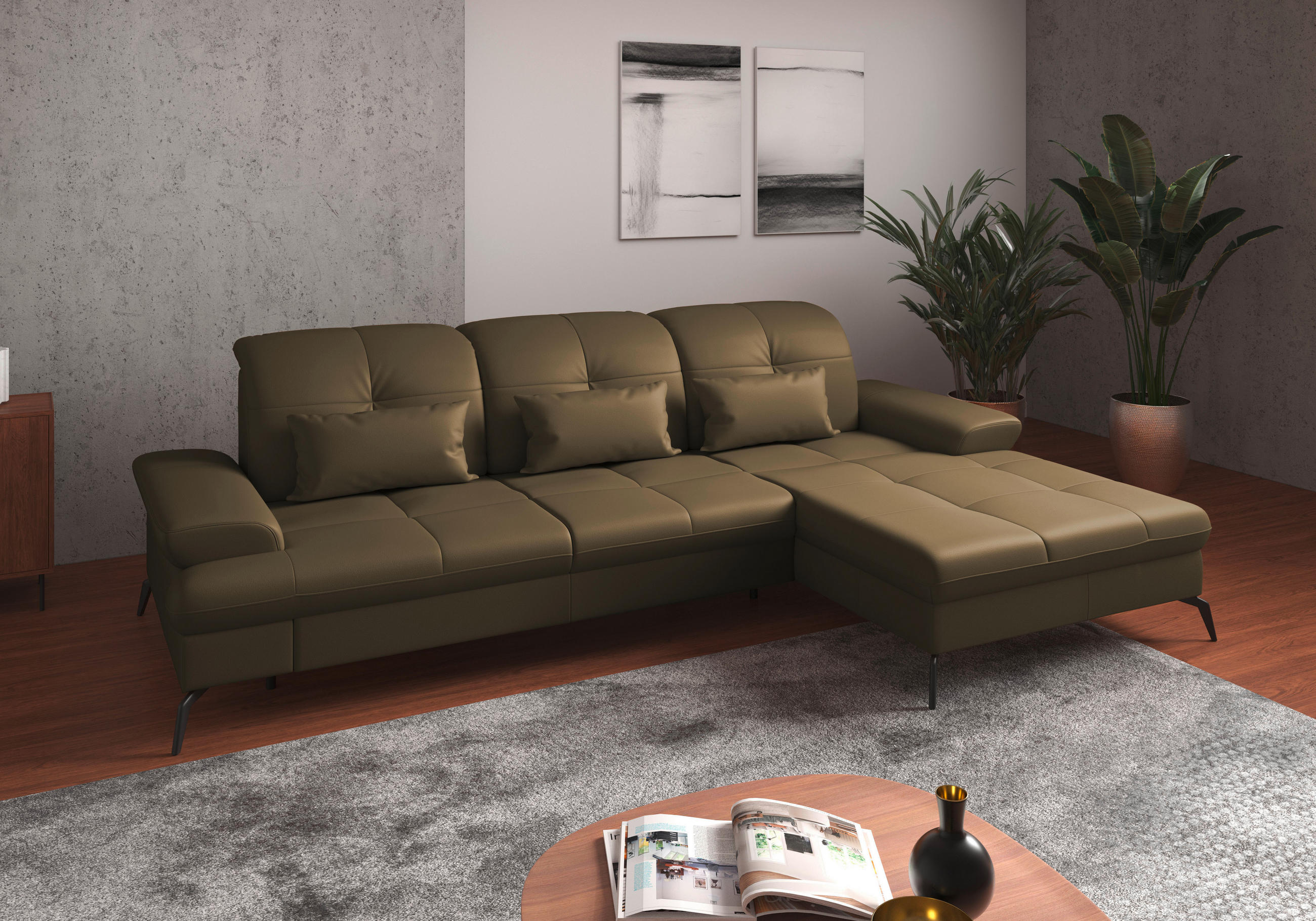ECKSOFA in Vliesstoff Kombination Echtleder/Stoff Olivgrün  - Schwarz/Olivgrün, Konventionell, Leder/Textil (279/185cm) - Sit & More