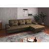 Sit & More ECKSOFA Olivgrün Echtleder, links davon: Hochflorteppich, rechts davon: Couchtisch, Topfpflanze in grün, Lektüre in weiß in dunklem Wohnzimmer.