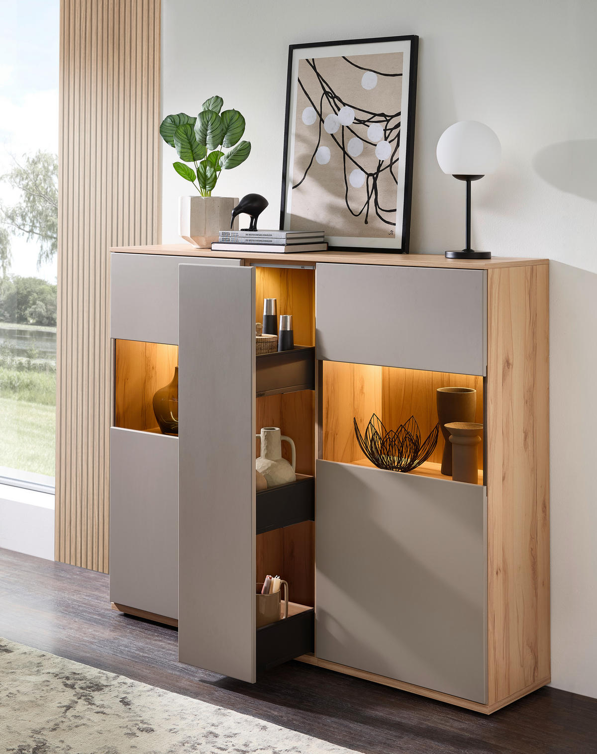 HIGHBOARD Grau, Buchefarben  150/131/40 cm  - Buchefarben/Schwarz, KONVENTIONELL, Glas/Holzwerkstoff (150/131/40cm) - Venda