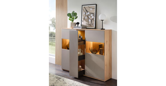 HIGHBOARD Grau, Buchefarben  150/131/40 cm  - Buchefarben/Schwarz, KONVENTIONELL, Glas/Holzwerkstoff (150/131/40cm) - Venda