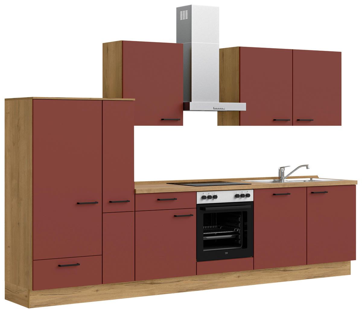 KÜCHENBLOCK 330 cm   in Eichefarben, Dunkelrot  - Eichefarben/Schwarz, MODERN, Holzwerkstoff/Metall (330cm) - Nobilia