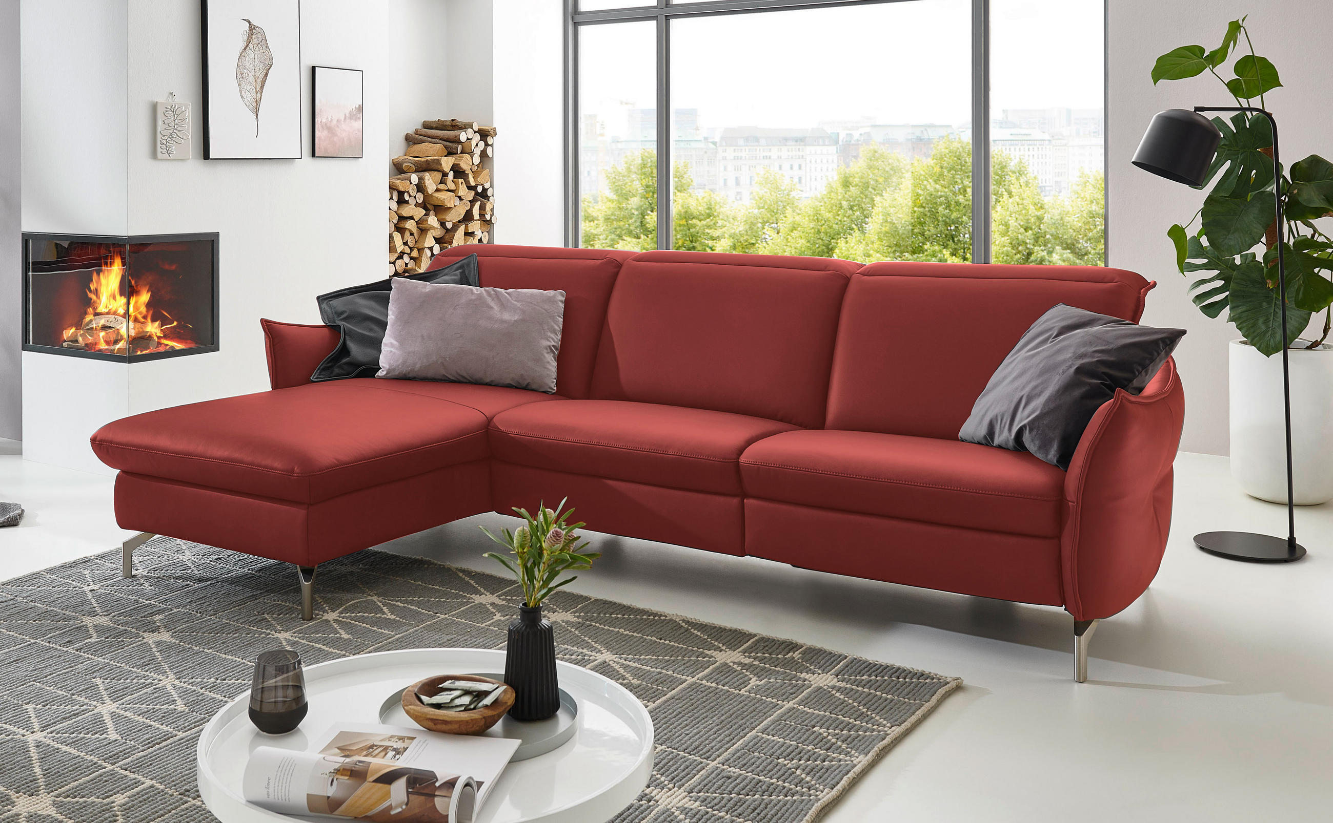 ECKSOFA Rot Lederlook (vegan)  - Rot/Nickelfarben, MODERN, Textil/Metall (179/263cm) - Livetastic