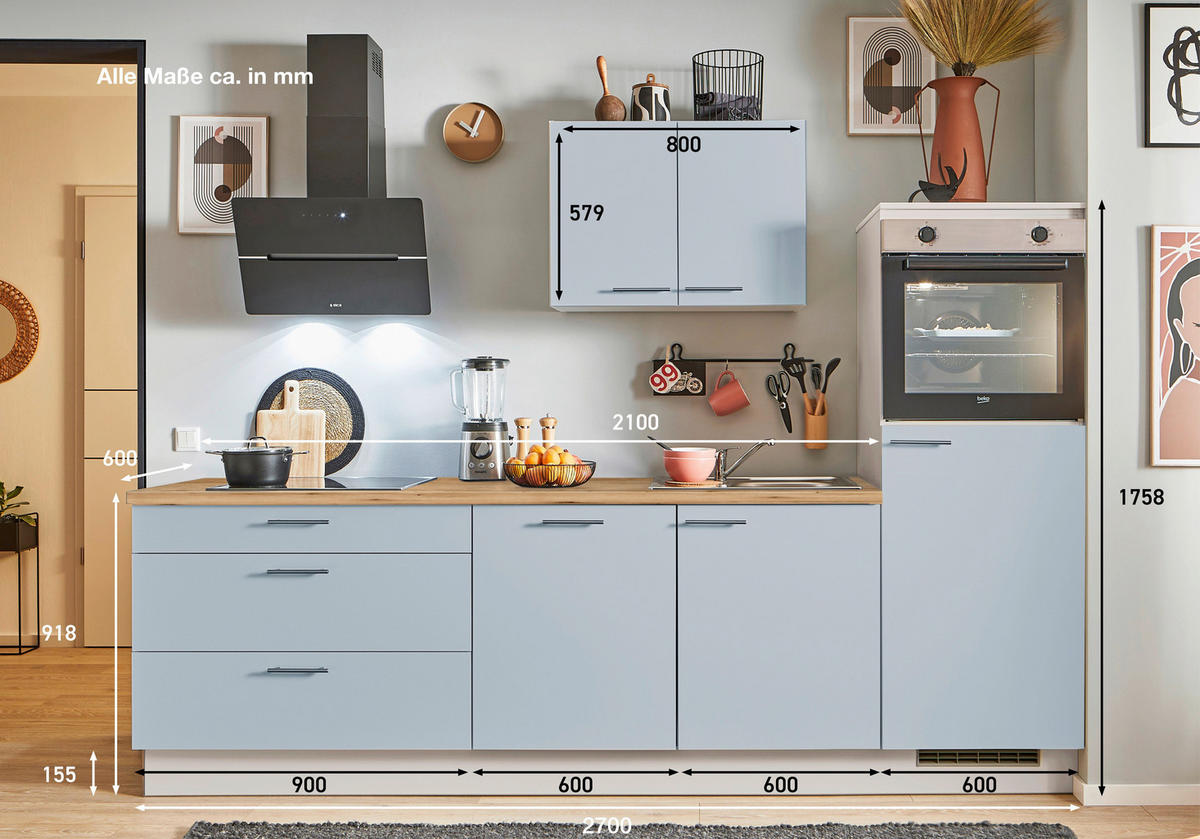 KÜCHENBLOCK PN 105 270 cm  in Eichefarben, Kaschmir, Pastellblau  - Kaschmir/Edelstahlfarben, Design, Holzwerkstoff/Metall (270cm) - Pino