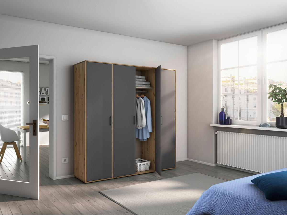 DREHTÜRENSCHRANK in Grau, Eiche Artisan  - Eiche Artisan/Grau, Modern, Holzwerkstoff/Kunststoff (187/194/53cm) - Rauch Möbel