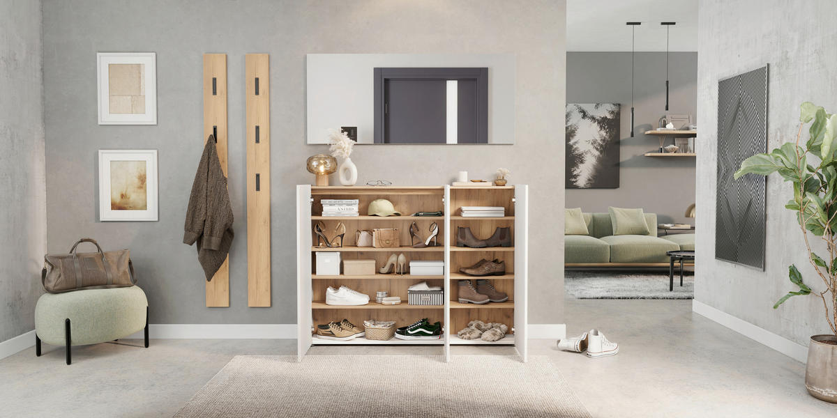 SCHUHSCHRANK Weiß, Eichefarben  - Eichefarben/Schwarz, Design, Holzwerkstoff/Kunststoff (138/105/25cm)